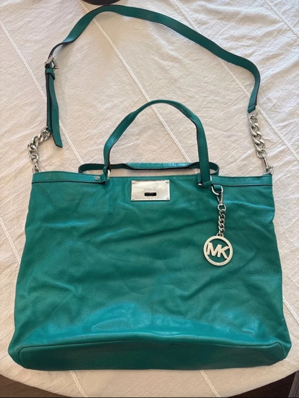 Michael Kors Teal Leather Tote with Chain Detail